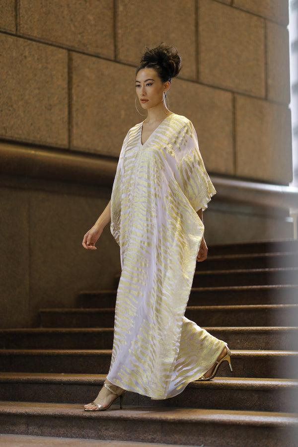 Marie France Van Damme Metallic Tiger Lined Boubou Caftan White Gold