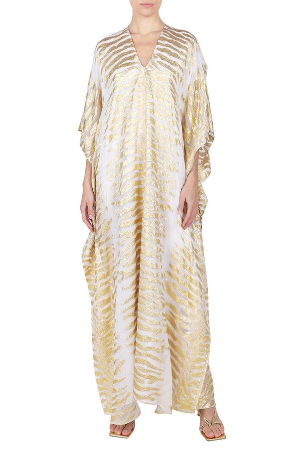 Marie France Van Damme Metallic Tiger Lined Boubou Caftan White Gold