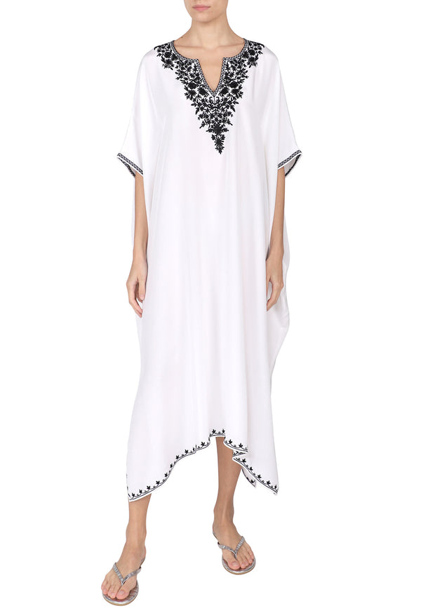 Marie France Van Damme Midi Length Embroidered Boubou Caftan White Black