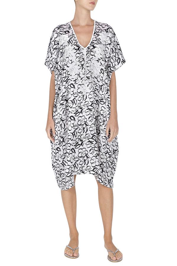 Marie France Van Damme Midi Silk Satin Flower Embroidered Boubou Caftan White Black Flower