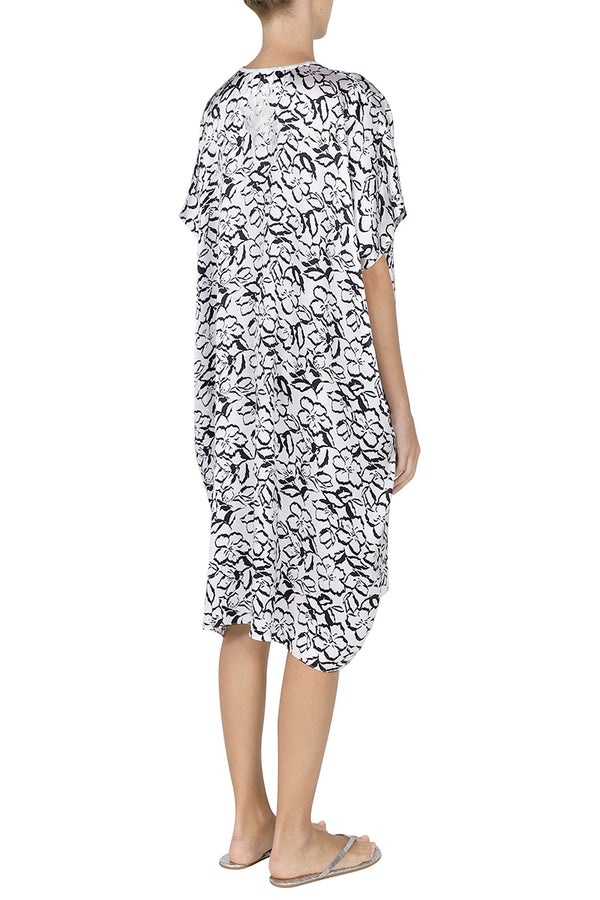 Marie France Van Damme Midi Silk Satin Flower Embroidered Boubou Caftan White Black Flower