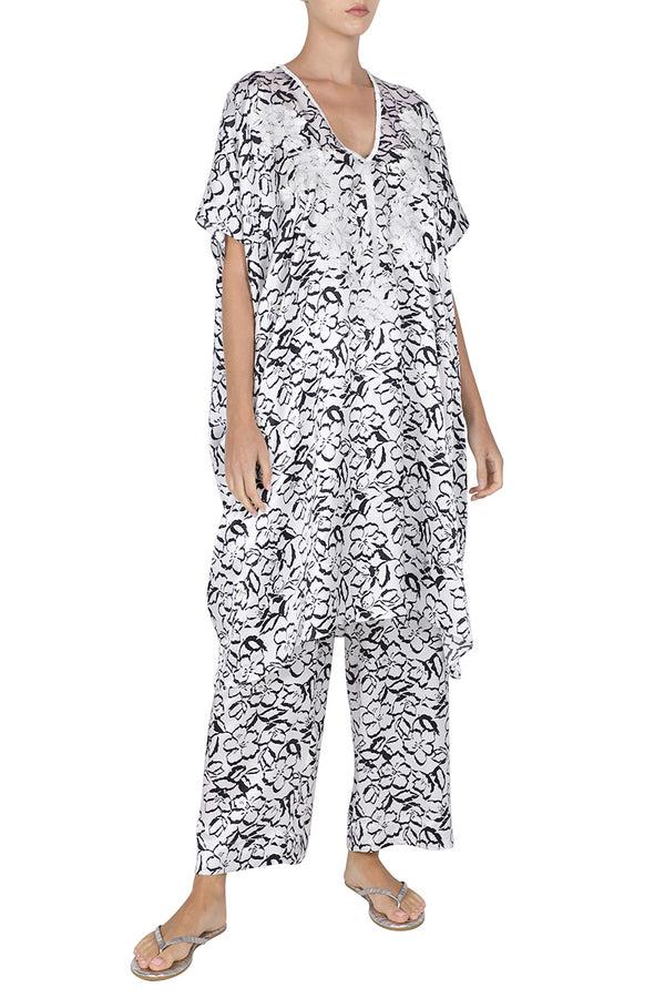 Marie France Van Damme Midi Silk Satin Flower Embroidered Boubou Caftan White Black Flower