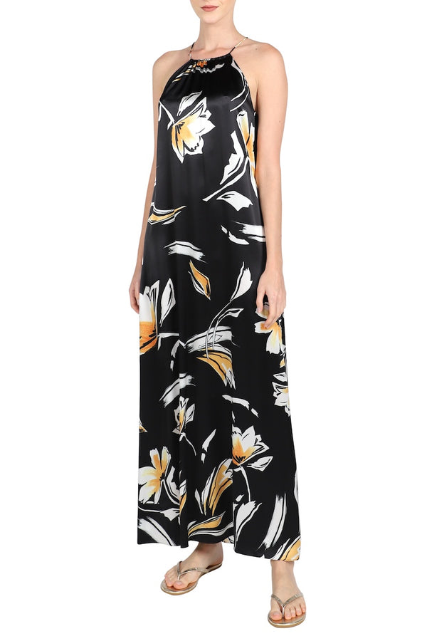 Marie France Van Damme Printed Racer Back Long Dress Brushstoke Black Gold