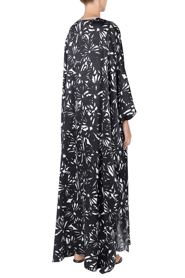 Marie France Van Damme Printed Satin Tassel Boubou Caftan Black Flower