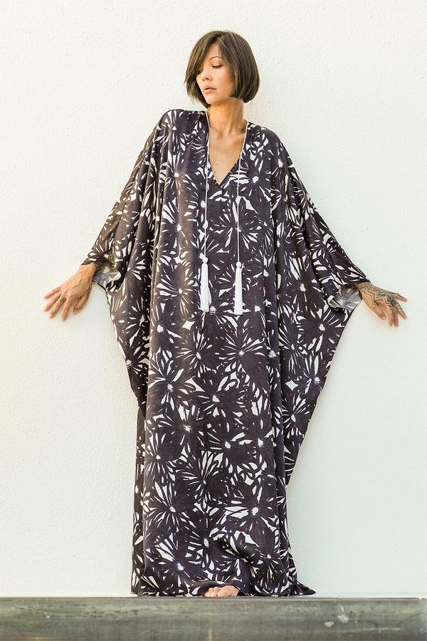 Marie France Van Damme Printed Satin Tassel Boubou Caftan Black Flower