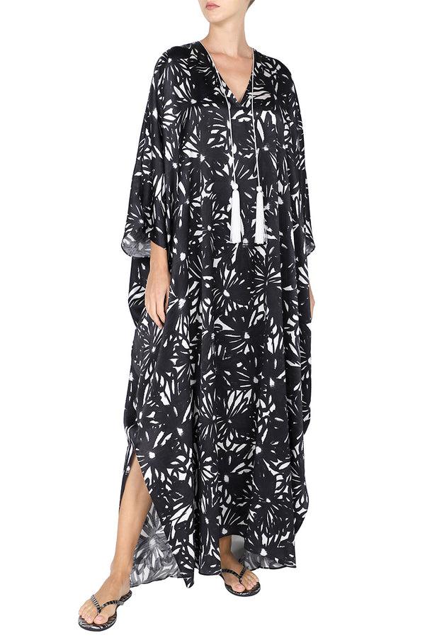 Marie France Van Damme Printed Satin Tassel Boubou Caftan Black Flower