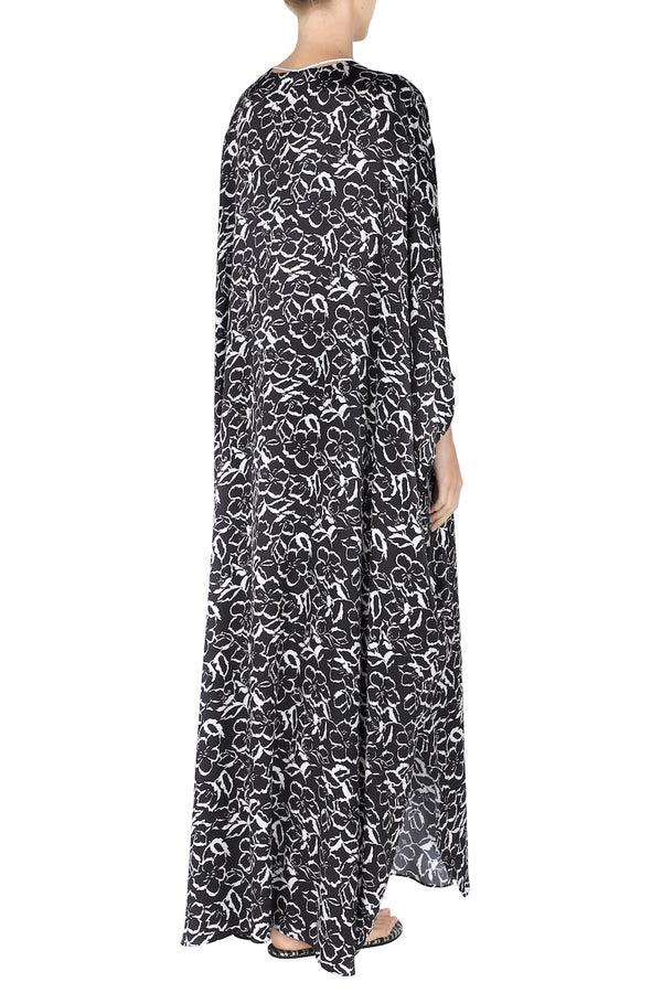 Marie France Van Damme Printed Satin Tassel Boubou Caftan Black White Flower