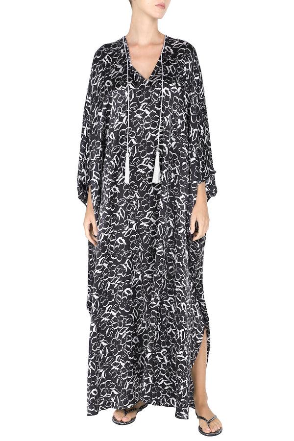 Marie France Van Damme Printed Satin Tassel Boubou Caftan Black White Flower