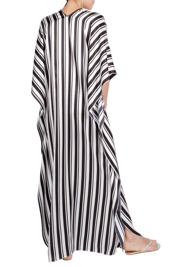Marie France Van Damme Printed Satin Tassel Boubou Caftan New Black White Stripe