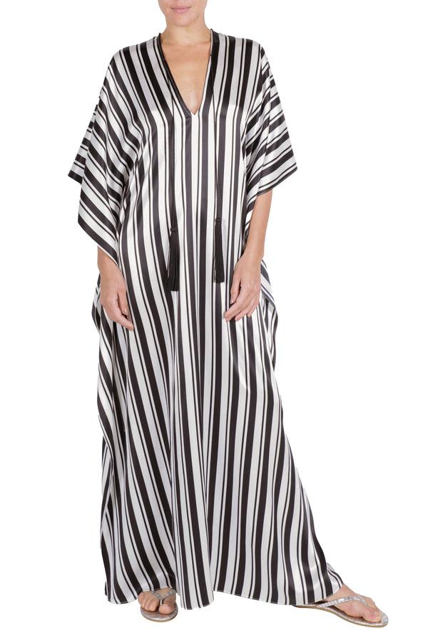 Marie France Van Damme Printed Satin Tassel Boubou Caftan New Black White Stripe