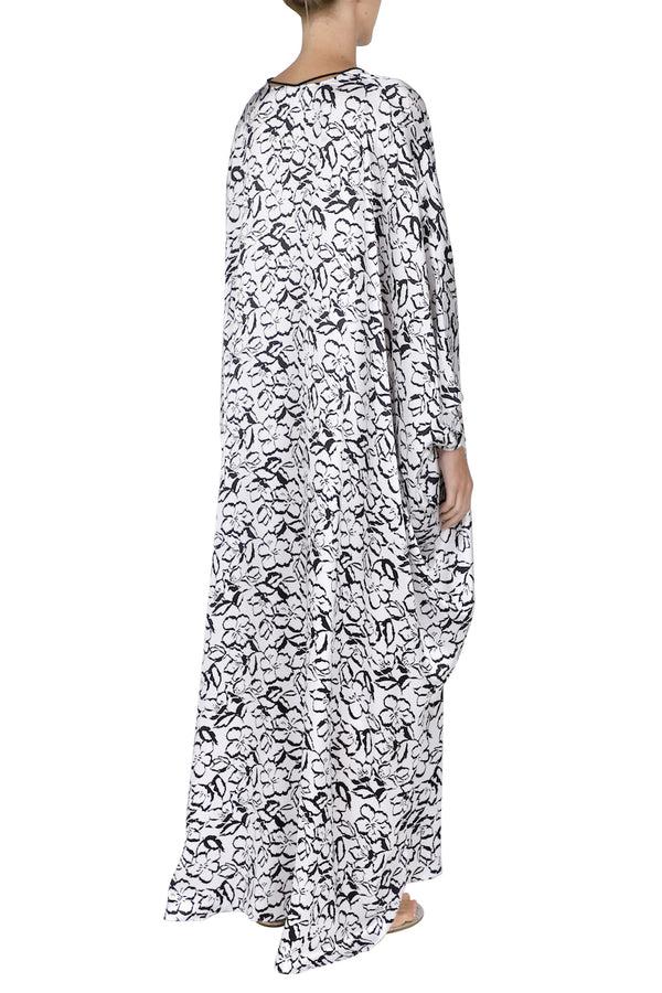 Marie France Van Damme Printed Satin Tassel Boubou Caftan White Black Flower