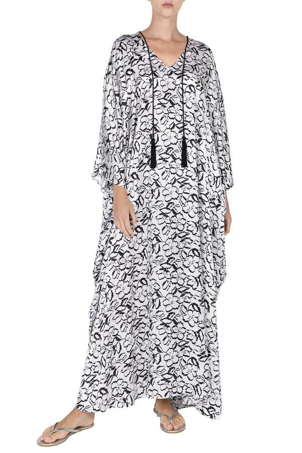 Marie France Van Damme Printed Satin Tassel Boubou Caftan White Black Flower