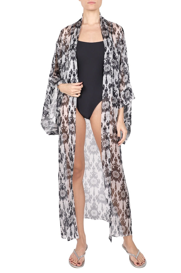Marie France Van Damme Printed Silk Chiffon Kimono Zatic New Sliver