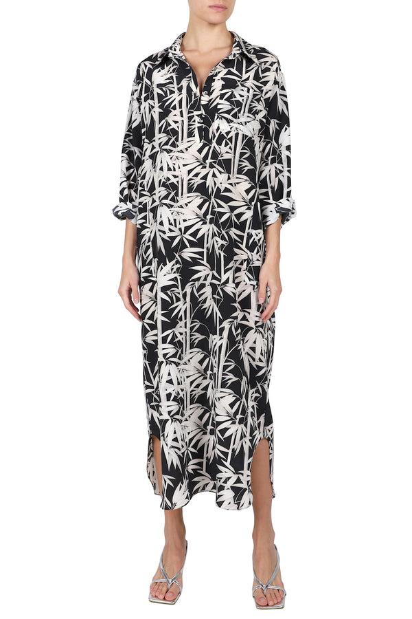 Marie France Van Damme Printed Silk Crepe de Chine Polo Dress Bamboo