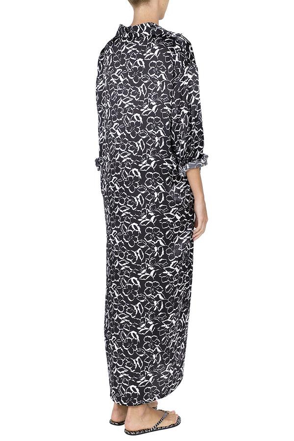 Marie France Van Damme Printed Silk Satin Polo Dress Black White Flower