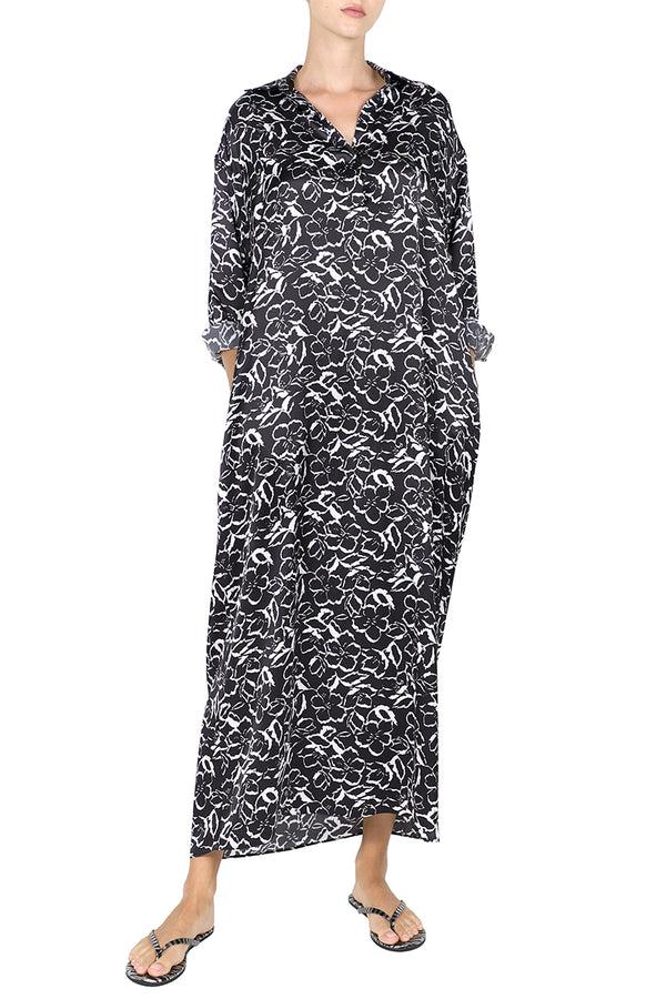 Marie France Van Damme Printed Silk Satin Polo Dress Black White Flower