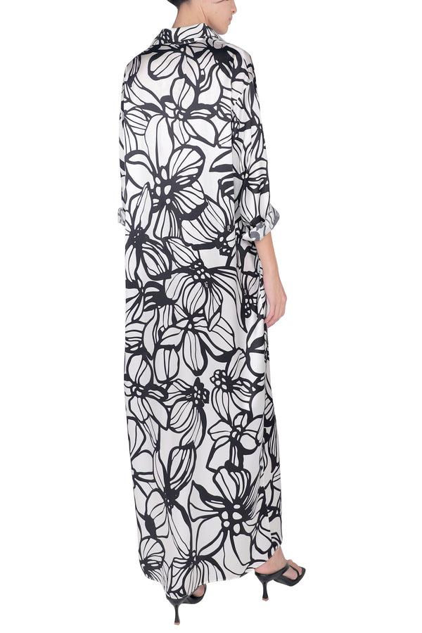 Marie France Van Damme Printed Silk Satin Polo Dress Hibiscus White Black