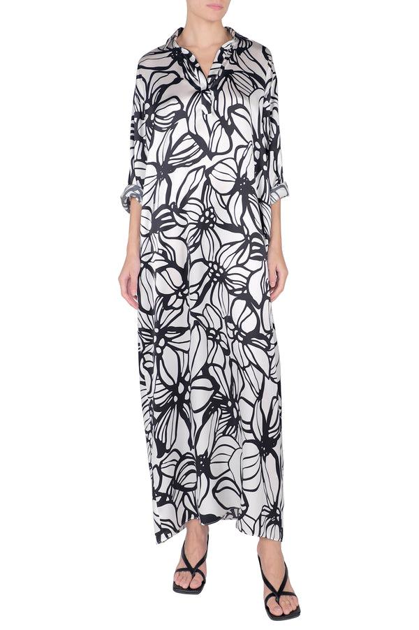 Marie France Van Damme Printed Silk Satin Polo Dress Hibiscus White Black