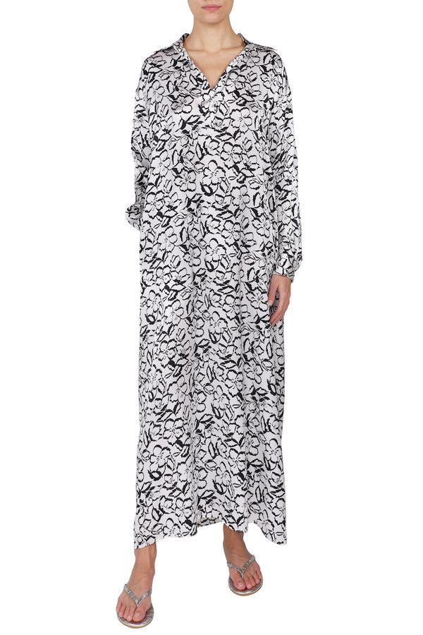 Marie France Van Damme Printed Silk Satin Polo Dress White Black Flower