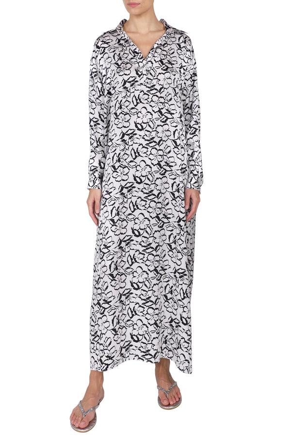Marie France Van Damme Printed Silk Satin Polo Dress White Black Flower