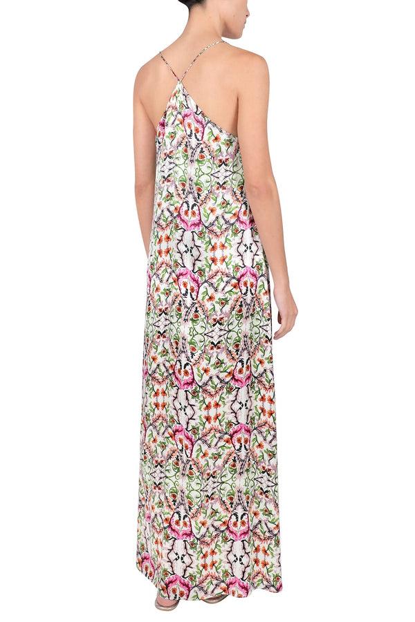 Marie France Van Damme Printed Silk Satin Sun Dress Fantasy Flower