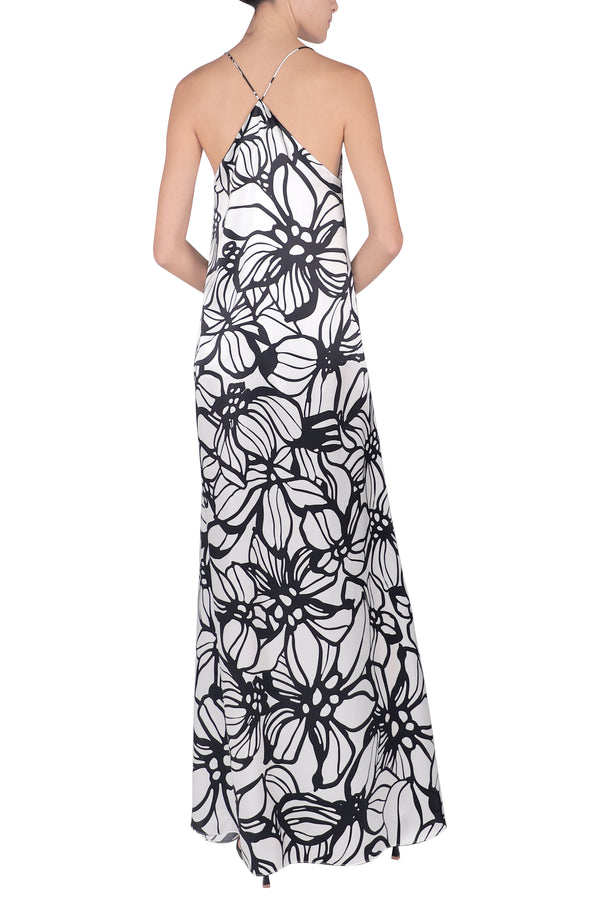 Marie France Van Damme Printed Silk Satin Sun Dress Hibiscus White Black