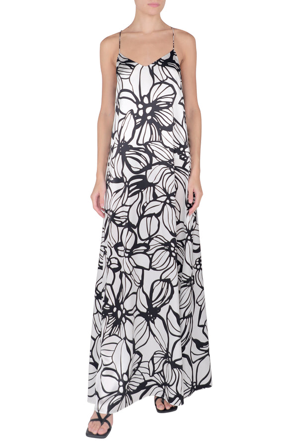 Marie France Van Damme Printed Silk Satin Sun Dress Hibiscus White Black