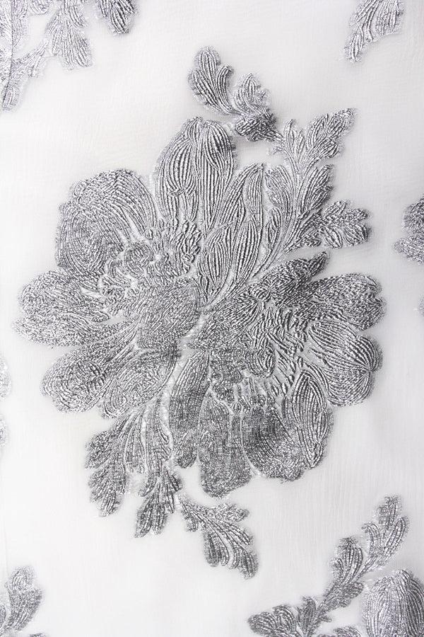 Marie France Van Damme Racer Back Flower Lurex Dress White Silver