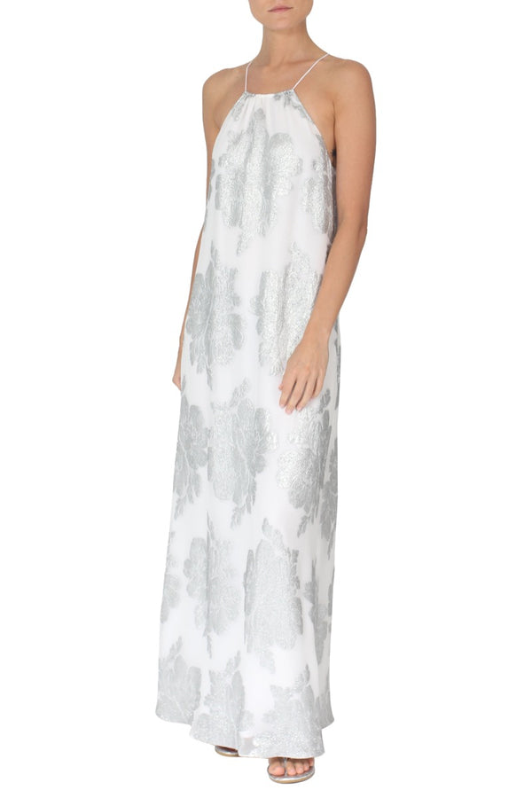 Marie France Van Damme Racer Back Flower Lurex Dress White Silver