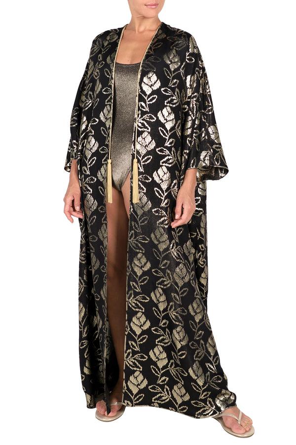 Marie France Van Damme Reversible Metallic Cover Up with Handmade Tassels Black Gold