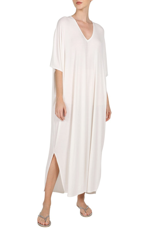 Marie France Van Damme Ribbed Silk Jersey Boubou Off White