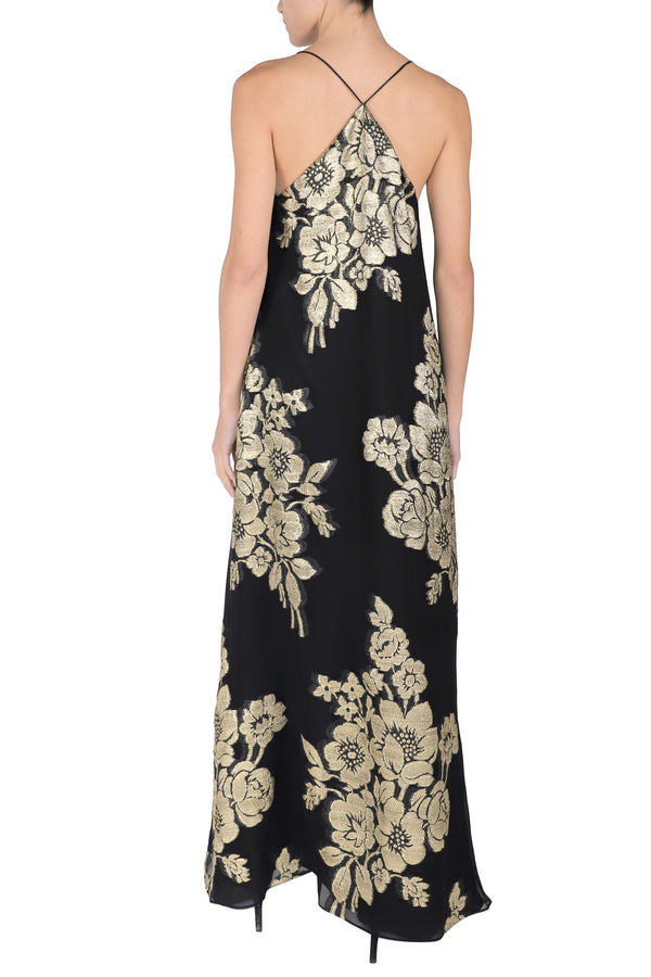 Marie France Van Damme Rose Bouquet Racer Back Sun Dress Black Gold Black