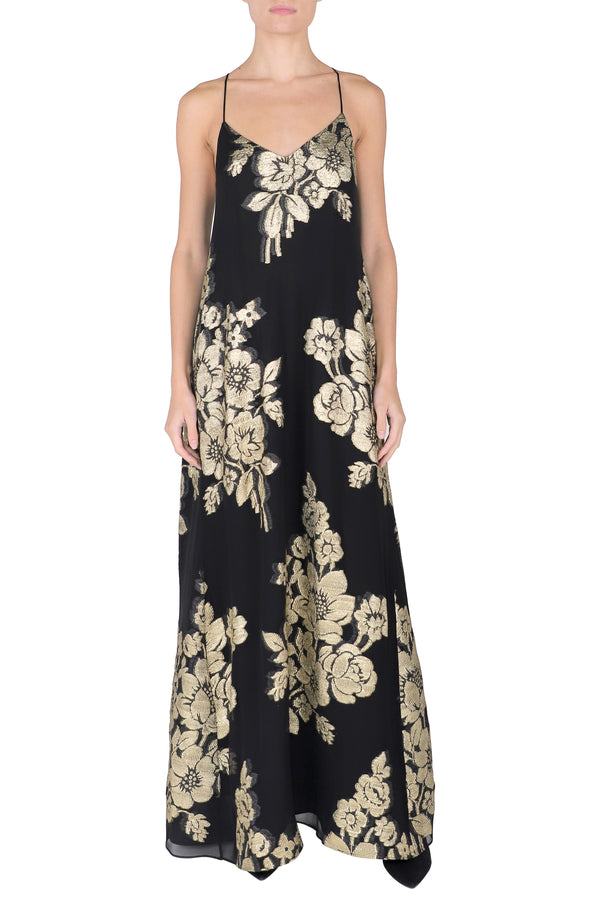 Marie France Van Damme Rose Bouquet Racer Back Sun Dress Black Gold Black