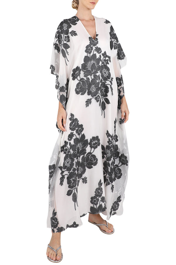 Marie France Van Damme Rose Flower Boubou Caftan White Black