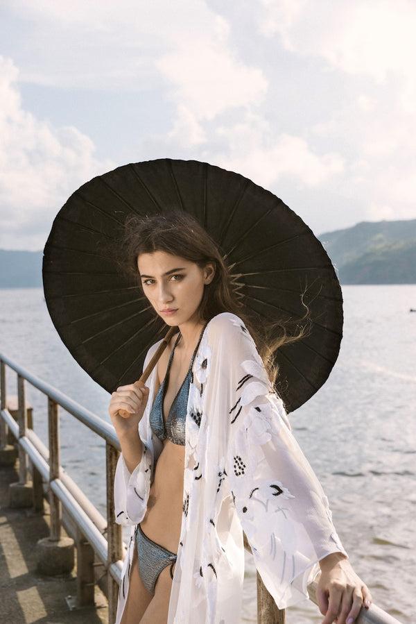 Marie France Van Damme Rose Velour Devore Cover Up White Black