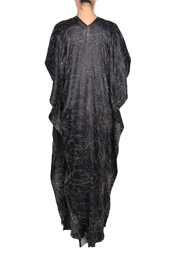Marie France Van Damme Satin Crepe Embroidered Boubou Caftan Black Gold