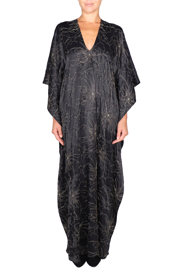 Marie France Van Damme Satin Crepe Embroidered Boubou Caftan Black Gold