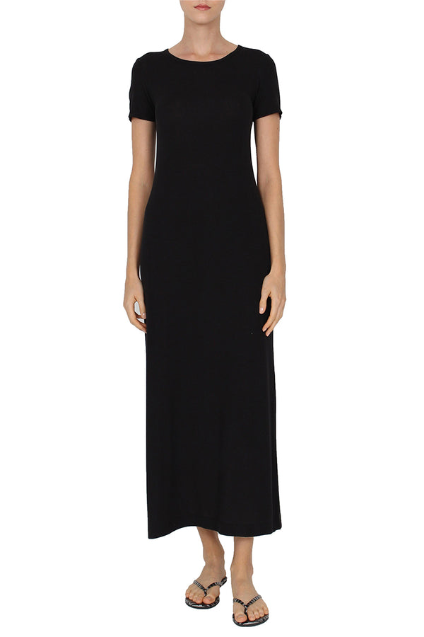 Marie France Van Damme Short Sleeve Silk Blend Crew Neck Dress Black