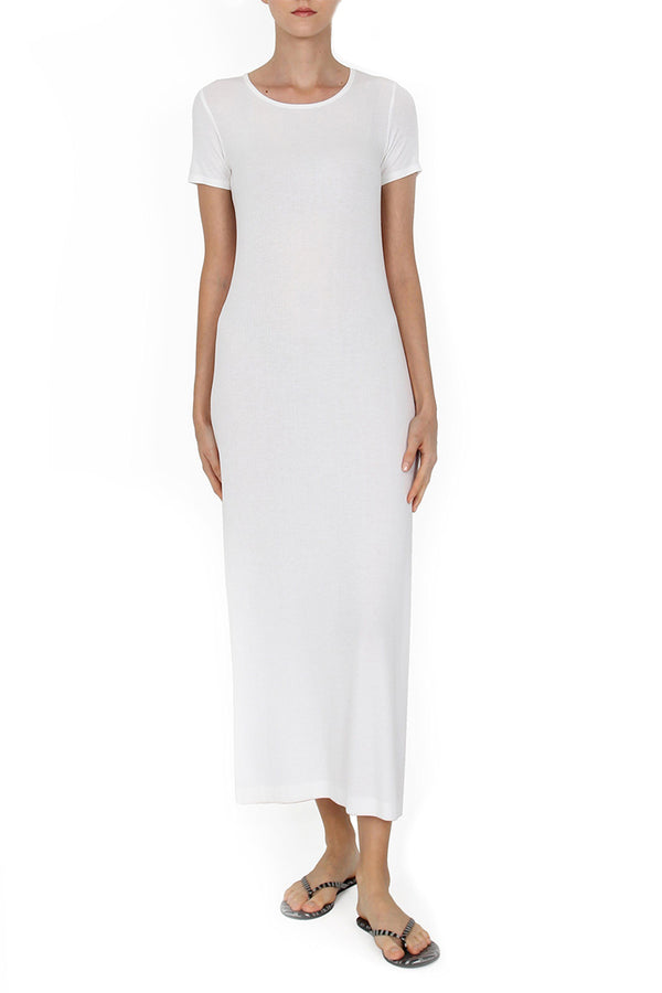 Marie France Van Damme Short Sleeve Silk Blend Crew Neck Dress Pure White