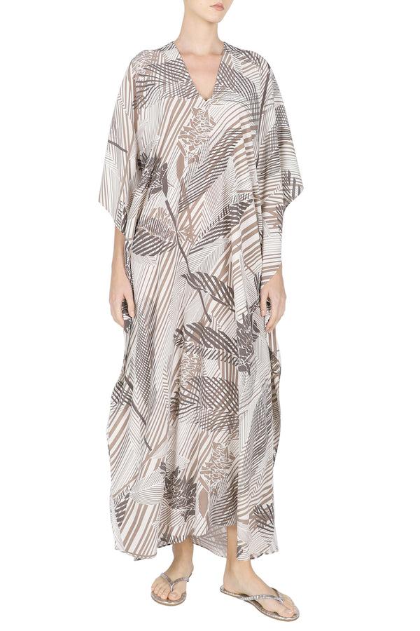 Marie France Van Damme Silk Bamboo Printed Boubou Caftan Bamboo Beige
