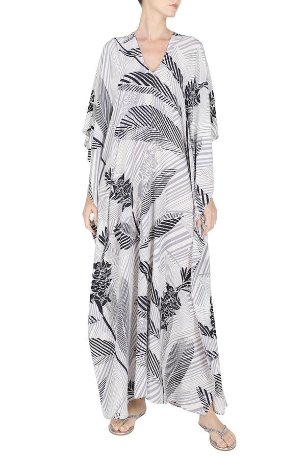 Marie France Van Damme Silk Bamboo Printed Boubou Caftan Bamboo Grey