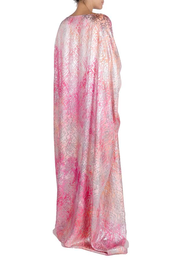 Marie France Van Damme Silk Boat Neck Boubou Caftan Rose Silver