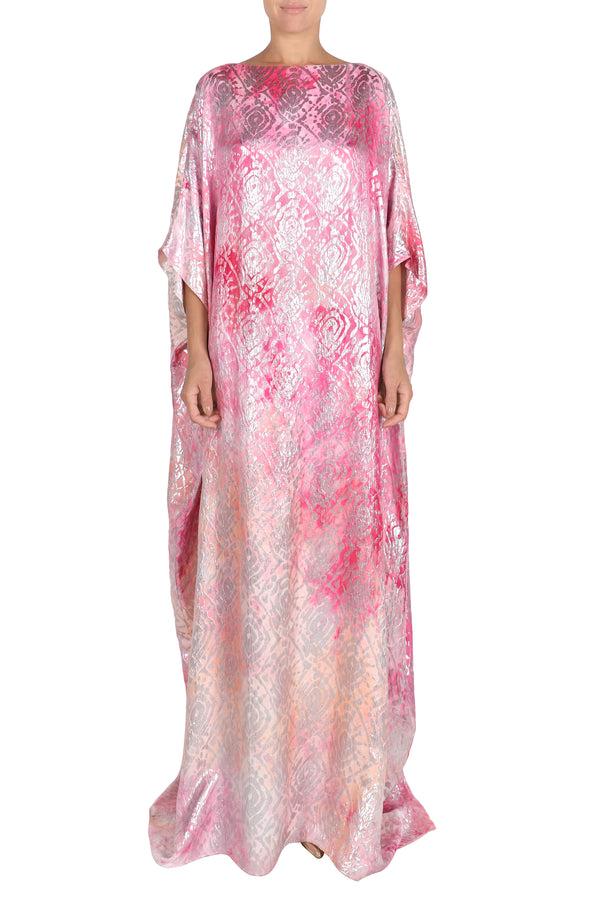 Marie France Van Damme Silk Boat Neck Boubou Caftan Rose Silver