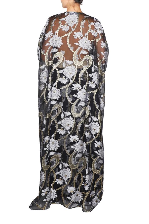Marie France Van Damme Silk Chiffon Oversized Boubou Caftan Black Gold Silver