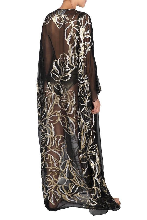 Marie France Van Damme Silk Chiffon Oversized Boubou Caftan Black Gold Silver
