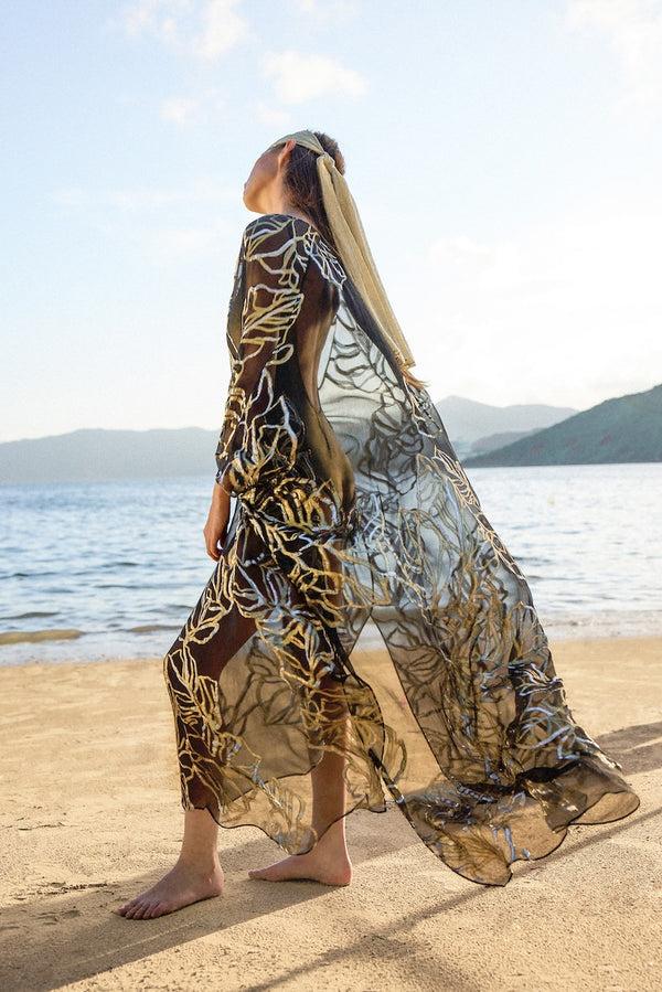 Marie France Van Damme Silk Chiffon Oversized Boubou Caftan Black Gold Silver