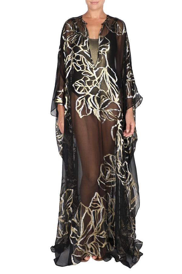 Marie France Van Damme Silk Chiffon Oversized Boubou Caftan Black Gold Silver