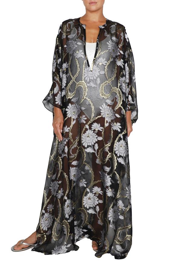Marie France Van Damme Silk Chiffon Oversized Boubou Caftan Black Gold Silver
