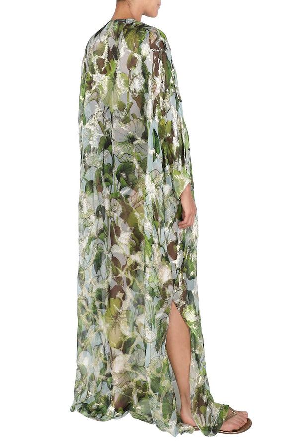Marie France Van Damme Silk Chiffon Oversized Boubou Caftan Green Gold Flower