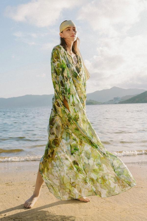 Marie France Van Damme Silk Chiffon Oversized Boubou Caftan Green Gold Flower